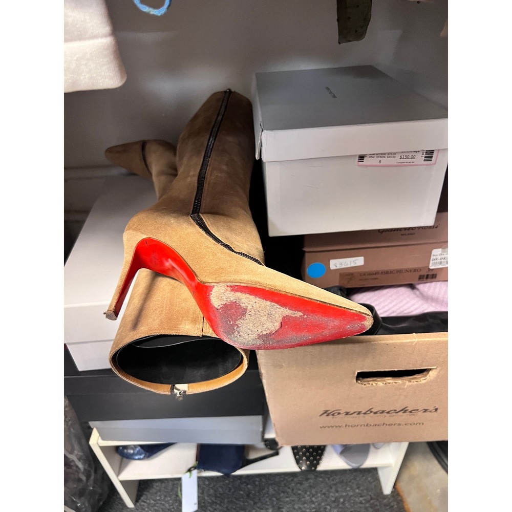 Christian Louboutin Knee High Boots Womens 37 Tan Fair Suede Stiletto Red Sole - Picture 11 of 11